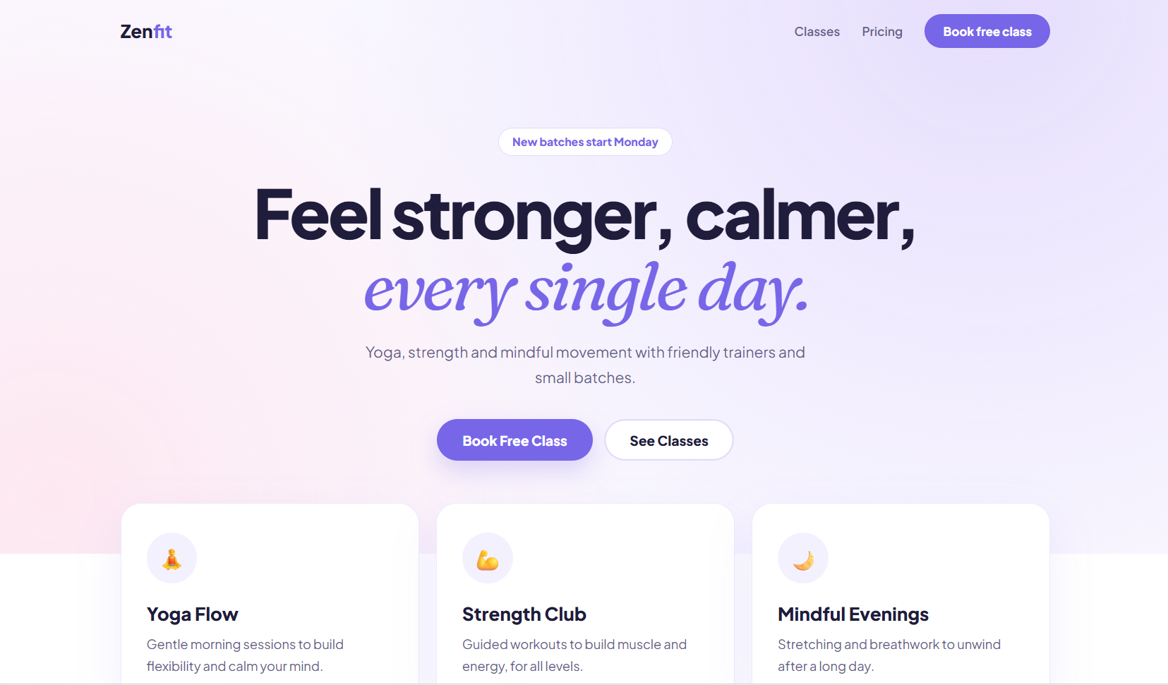 Sample landing page for a fitness studio